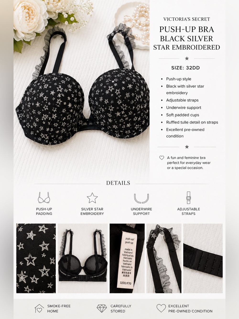 Victoria’s Secret Push-Up Bra Black Silver Star Embroidered 32DD